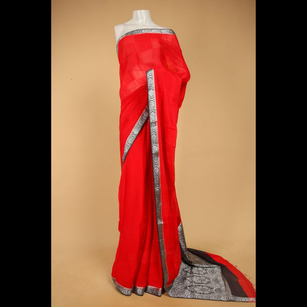 Crepe Blood Red Saree With Blouse